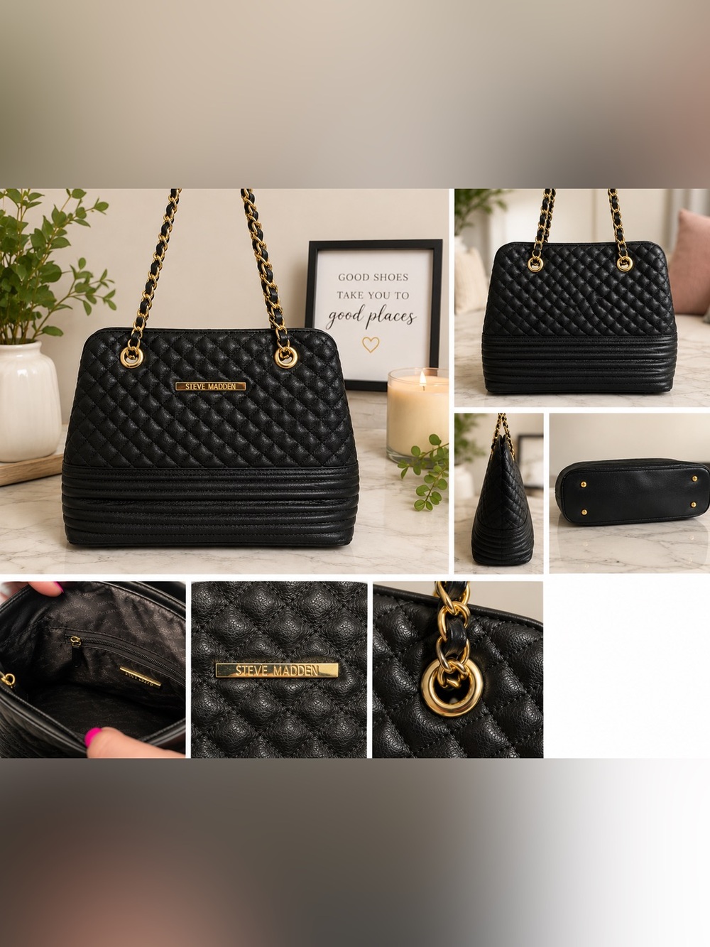 Steve Madden Black Quilted Chain-Handle Shoulder Bag